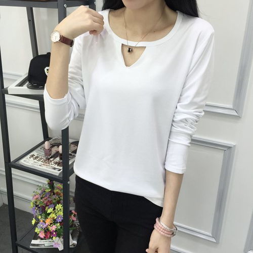 2018春裝新款v領鏤空純色打底衫女士精選優質磨毛拉架棉t恤